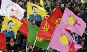 Kurds take part in a demonstration calling for the release of Kurdistan Workers Party leader Ocalan, in Strasbourg