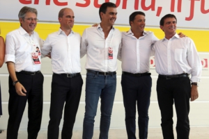Da sinistra, Achim Post, Diederik Samsom, Pedro Sanchez, Matteo Renzi e Manuel Valls alla festa nazionale dell'Unità di Bologna. Una sinistra...di destra!