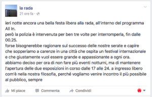 La dichiarazione ufficiale de la rada su Facebook, in seguito ai fatti avvenuti nella notte fra martedì 2 e mercoledì 3 agosto 2016.